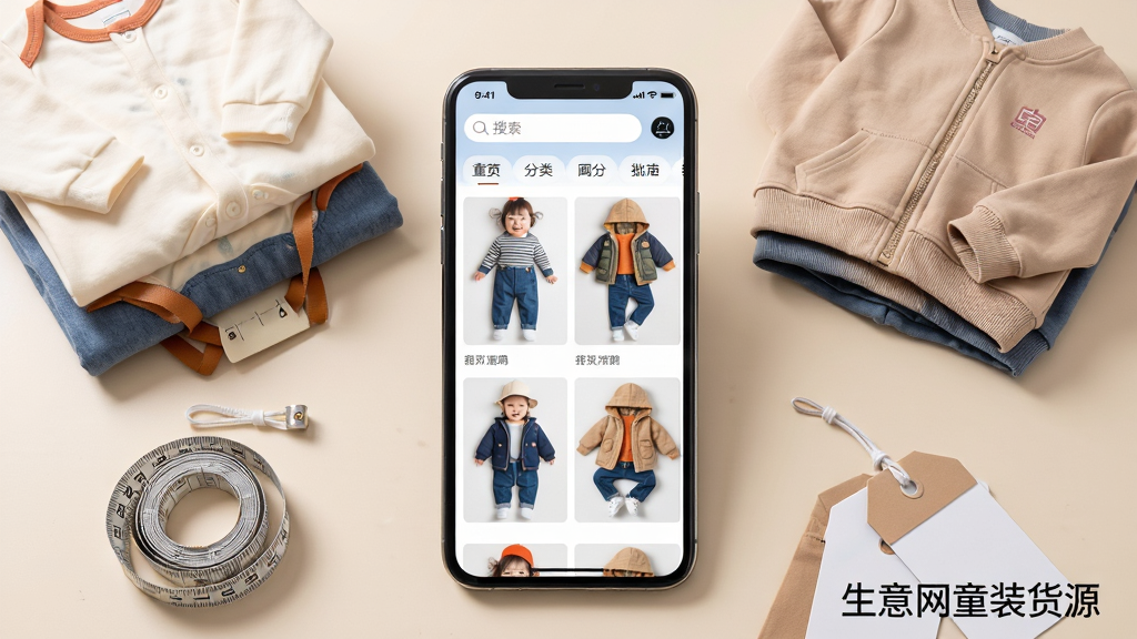 �����������һ�������ֻ�����Ļ��չʾͯװ����APP����Ʒ�ٲ������棬���涥����������������ǩ���·�Ϊ����ͯװģ��չʾͼ���ֻ���Χ���Ƶ��ŵ�Ӥ��ͯ�����������¡�С���ס����µȣ�����Ϊǳ��ɫ�ɾ����棬�Աߵ�׺һ��Ƥ���뼸�ŵ��ƣ����岼�ֲ��þ��жԳƹ�ͼ�����Ϊ��ˬ���̲�Ʒչʾ�磬ϸ��������������������Ļ������Ȼ������Ϊ������Ӱ�ʸУ��ɾ��޶���Ԫ�أ������пɼ������֡�������ͯװ��Դ��
