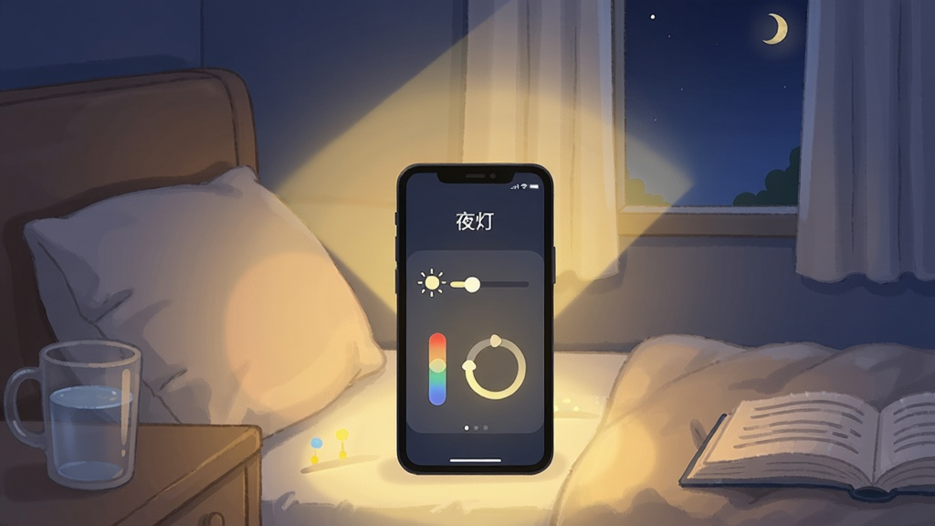 一幅夜间卧室场景的插画,画面中央一部智能手机屏幕发出柔和的暖黄色光线,光线呈扇形扩散照亮床头柜与枕头,手机屏幕上显示简洁的夜灯控制界面,包含亮度滑块与色温圆环,背景为深蓝色夜空与半开的窗帘,整体风格温馨宁静,细节包括床头水杯与一本翻开的书,画质清晰细腻,干净无多余元素,画面中文字为“夜灯”
