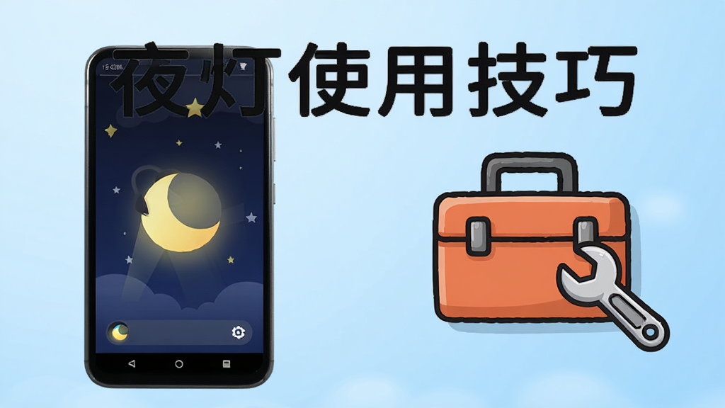 一部安卓手机屏幕显示夜灯软件正常运行界面,旁边有一个卡通风格的工具箱图标和扳手元素,象征问题排查与修复,背景为浅蓝色渐变,风格简洁明快,画质清晰,画面中文字为“夜灯使用技巧”