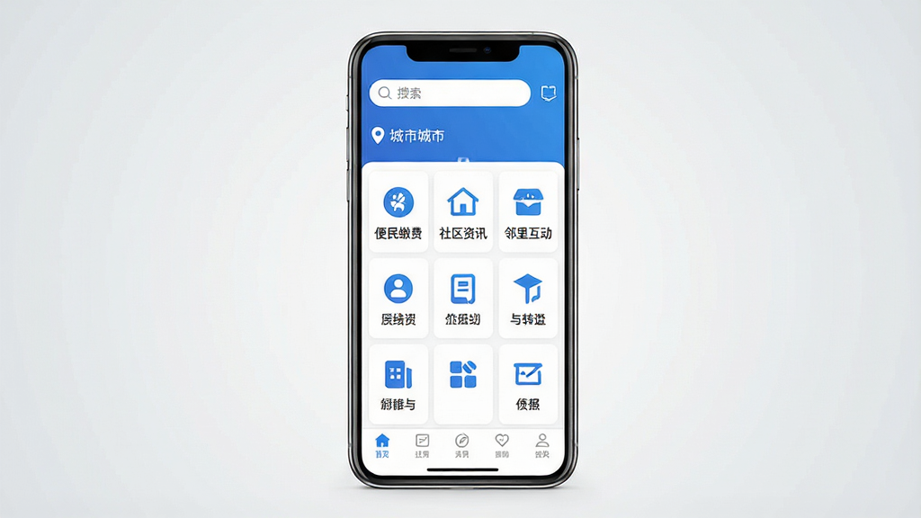 一张手机应用界面展示图,画面中央是一部竖屏智能手机,屏幕内显示本地生活服务类应用的首页布局,顶部为搜索栏与城市定位标识,中部为功能图标网格,包含便民缴费、社区资讯、邻里互动等入口,底部为导航栏,整体配色以蓝白为主,风格简洁现代,背景为浅灰色渐变,画质清晰,画面干净,无多余元素