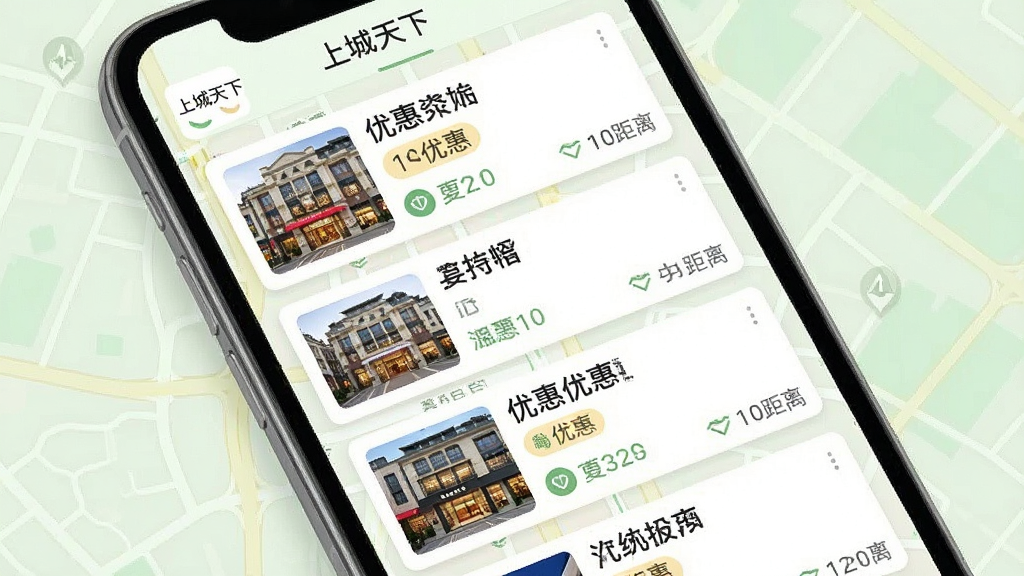 一张展示周边商家优惠信息的界面示意图,画面为手机屏幕内呈现商家卡片列表,每张卡片包含店铺名称、优惠标签与距离信息,背景为浅色地图纹理,整体风格清新简洁,配色以白色与浅绿色为主,画质清晰,画面干净,无杂乱元素,屏幕顶部可显示“上城天下”应用名称
