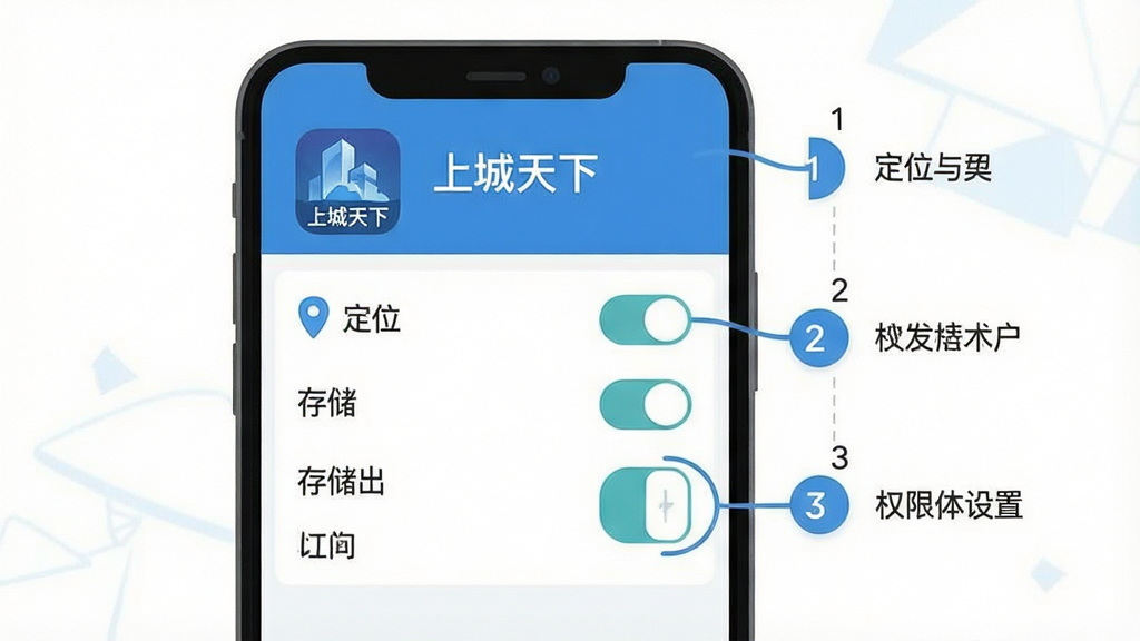 一张手机应用安装与权限设置的操作示意图,画面展示手机屏幕内权限管理界面,包含定位、存储等权限开关,旁边配有简洁的步骤序号标识,整体风格扁平化,配色以蓝色与白色为主,画质清晰,画面干净,无多余元素,界面顶部可显示“上城天下”应用图标