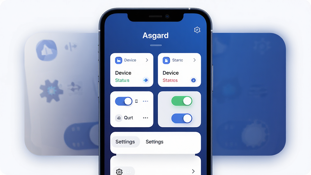 一张展示 Asgard 应用主界面的手机屏幕渲染图,画面中央是深蓝渐变背景的极简工具面板,顶部有“Asgard”字样标识,面板内分布着设备状态卡片、快捷开关和设置入口,布局整齐对称,风格为现代扁平化科技风,细节上屏幕边缘带有柔和光晕,整体画质高清干净,无多余装饰元素