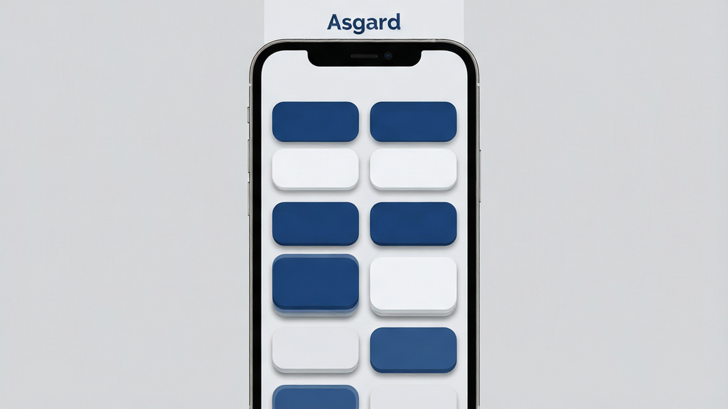 一张展示 Asgard 快捷操作区域的界面示意图,画面主体为手机屏幕中的功能按钮网格,按钮以圆角矩形呈现,配色为深蓝与浅白的简洁搭配,屏幕上方有“Asgard”标识,背景为纯色浅灰,风格为清爽扁平化设计,细节上按钮带有轻微阴影层次,画质高清干净,无多余装饰