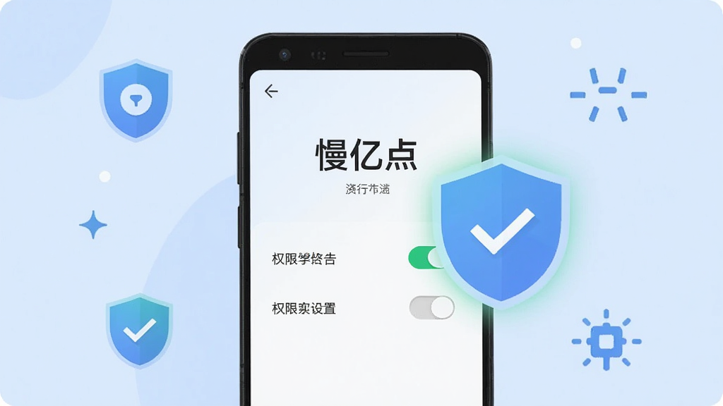 画面主体为一部安卓手机屏幕显示“慢亿点”权限设置引导页,旁边有盾牌与对勾图标;布局为手机居中,图标环绕;排版简洁;风格为扁平化安全主题插画,浅蓝背景;细节包括权限开关高亮、文字“慢亿点”清晰、盾牌有微光;画质高清,干净,无多余元素