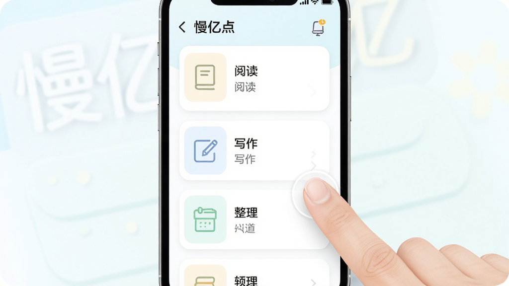 画面主体为手机屏幕展示“慢亿点”场景模板列表,包含阅读、写作、整理等卡片式选项,旁边有手指点击动作;布局为手机居中,卡片纵向排列;排版整齐;风格为清新浅色UI插画;细节包括卡片圆角、图标简约、背景淡雅;画质高清,干净,无多余元素