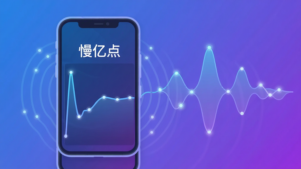 画面主体为一部安卓手机与环绕的数据波纹,手机屏幕显示“慢亿点”节奏曲线图,曲线由急促变为平缓;布局为手机居中偏左,右侧为抽象节奏波形;排版简洁;风格为科技感扁平插画,蓝紫渐变背景;细节包括波形节点有微光、手机边框圆润、屏幕内文字“慢亿点”清晰;画质高清,干净,无多余元素