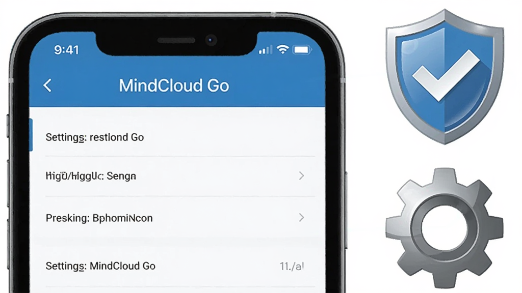 画面主体为一部手机屏幕显示“MindCloud Go”设置页面,旁边悬浮一个带勾选标记的盾牌图标与一个齿轮图标,布局为手机居中偏左、图标在右侧上下排列,排版清晰有序,风格为扁平化信息图风格,细节包括设置项的文字条、盾牌上的高光、齿轮的金属质感,画质高清,干净,无多余元素