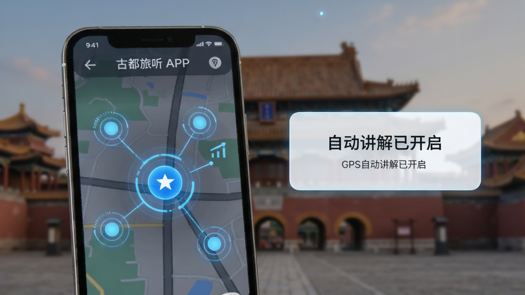 �Ŷ�����APP��GPS�Զ����⹦��չʾ���ֻ���Ļ��ʾ��ͼ����һ����λ��꣬�����Χ�ж�����ⴥ���㣬���浯�����Զ������ѿ���������ʾ�򣬱���Ϊģ���ĹŽ������������Ƽ�������ʷ�н�ϣ��Ű��࣬��������