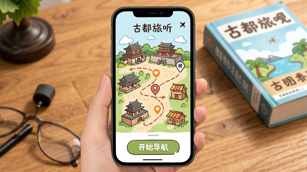 �Ŷ�����APP���ֻ��ͼ���棬�ֻ���Ļ��ʾ��ͨ���ĹŽ���Ⱥ��ͼ��������·�߱�Ǻ���ʩͼ�꣬����ײ��С���ʼ��������ť������������������ָ���鼮�������ÿɰ����Ű����򣬻�������