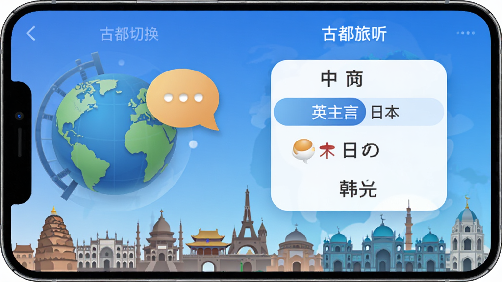 �Ŷ�����APP�Ķ�����ѡ����棬�ֻ���Ļ��ʾ�����л��˵����������ġ�Ӣ�ġ����ġ����ĵ�ѡ�������ƴ��е����ǺͶԻ�����Ԫ�أ������ǲ�ͬ���ҵı�־�Խ�����Ӱ�������ʻ����Ű��࣬��������