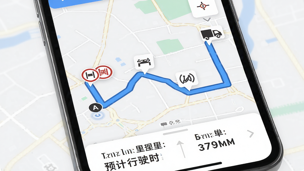 一款物流接单应用内的导航路线规划界面,手机屏幕显示地图上从A点到B点的货运路线,路线以蓝色粗线高亮标注,沿途标注限高与限重提示图标,地图下方显示预计行驶时间与里程数,界面配色以浅色地图底图搭配蓝色强调色为主,布局清晰,信息层级分明,风格现代简洁,画质高清,无杂乱元素