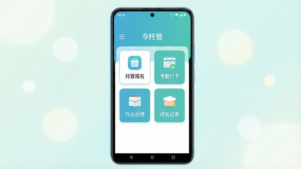 主体为一部竖屏安卓手机,屏幕中央展示“今托管”应用首页界面,顶部为软件名称“今托管”,下方排列托管报名、考勤打卡、作业反馈、成长记录四个功能卡片图标;布局为手机居中、浅色渐变背景、四周点缀柔和圆形光斑;排版简洁清晰、功能卡片纵向排列;风格为扁平化现代UI设计、清新蓝绿色调;细节包含圆角图标、细线分割、状态栏时间与信号标识;画质高清、干净、无多余元素