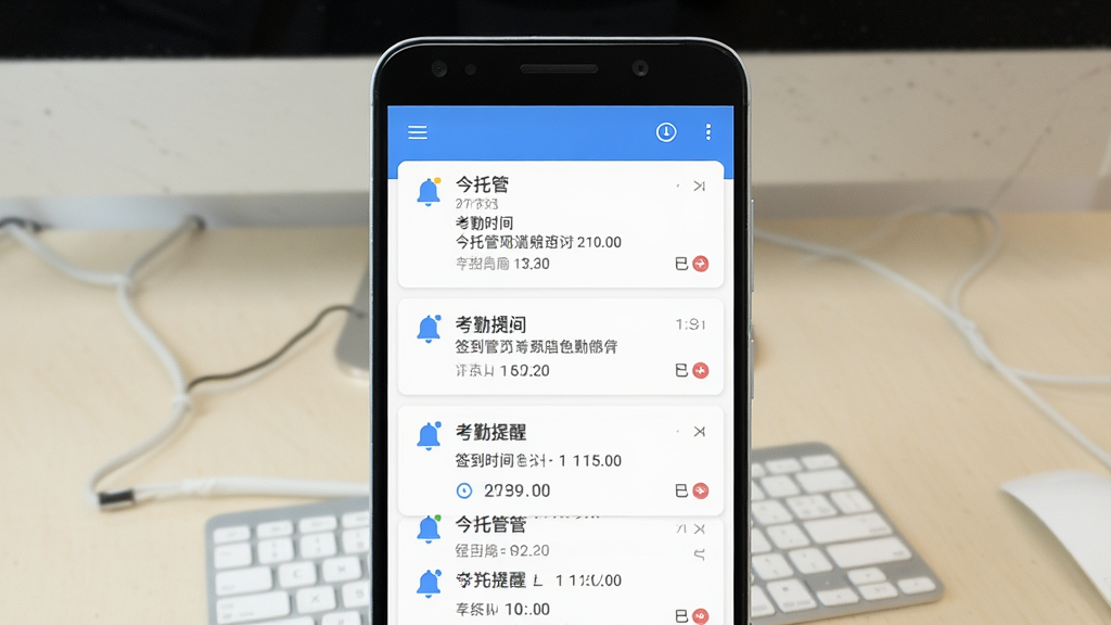 主体为安卓手机屏幕展示“今托管”消息通知与考勤提醒界面,画面包含通知卡片与签到时间信息;布局为手机居中、背景为浅色桌面;排版为纵向消息列表;风格为简洁实用型UI、白底蓝点缀;细节包含铃铛图标、时间戳、已读标记;画质高清、干净、无多余元素