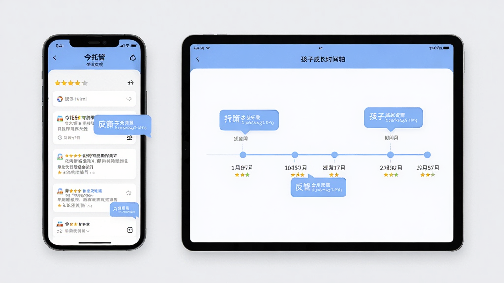 主体为手机与平板并排展示“今托管”作业反馈页面,左侧手机显示老师评价列表,右侧平板显示孩子成长时间轴;布局为双设备水平排列、浅灰背景;排版为左右分栏、信息卡片错落分布;风格为现代教育类应用视觉、柔和蓝白配色;细节包含星级评价图标、文字反馈气泡、时间轴节点;画质高清、干净、无多余元素
