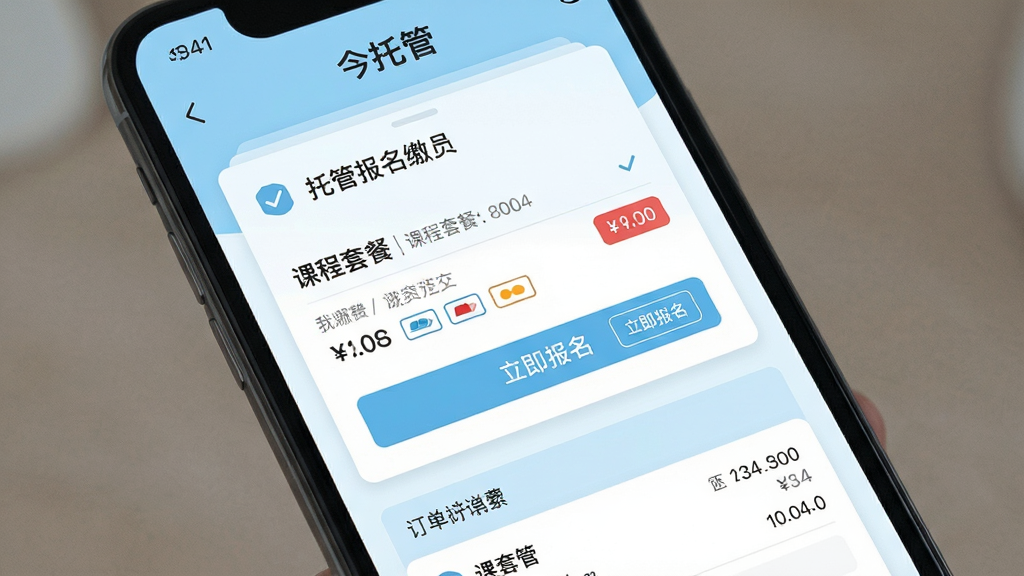 主体为手机屏幕特写,画面展示“今托管”报名缴费页面,包含课程套餐卡片、价格标签与“立即报名”按钮;布局为手机居中、页面元素上下分层;排版为卡片式纵向列表;风格为清爽扁平化设计、浅蓝主色调;细节包含勾选图标、支付方式小图标、订单摘要栏;画质高清、干净、无多余元素