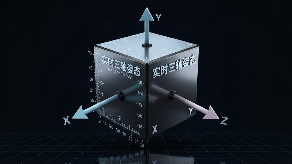 一幅三维姿态模型展示图,画面主体是一个悬浮在深色背景中的立体方块模型,模型表面标注“实时三轴姿态”软件名称,周围环绕X、Y、Z三个坐标轴箭头,布局居中对称,风格为科技感三维渲染,细节包含角度刻度、光影反射和网格地面,画质高清,画面干净,无多余元素