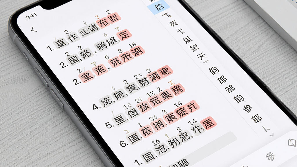 一张展示格律检测界面的示意图,画面为手机屏幕特写,屏幕内诗句文字逐字标注平仄符号,部分字词以红色标记提示,右侧有韵部参考列表,布局为手机倾斜摆放、背景为浅灰色书桌纹理,风格为工具类应用写实风,细节包括平仄符号、韵脚标注与柔和界面配色,画质高清、干净、无多余元素