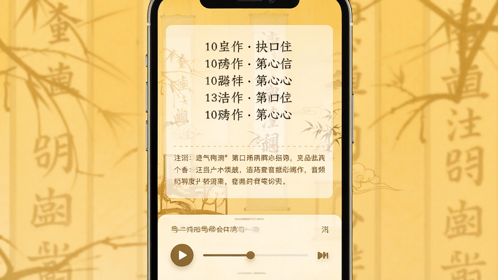 一张表现诗词赏析与音频播放的界面图,画面中央为手机屏幕,屏幕上半部分显示诗词原文与注释,下半部分为音频播放条,布局为居中对称构图、背景为暖黄色调,风格为温润国风与移动应用结合,细节包括播放按钮、进度条与注释文字排版,画质清晰、干净、无多余元素