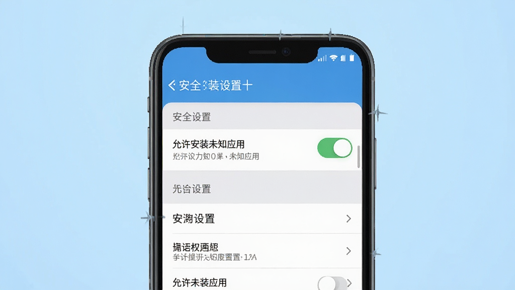 一张表现手机应用安装权限设置界面的示意图,画面为手机屏幕显示安全设置页面,其中有“允许安装未知应用”开关处于开启状态,布局为手机居中、背景为浅蓝色渐变,风格为数码教程风,细节包括开关控件、设置菜单列表与提示文字,画质清晰、干净、无多余元素