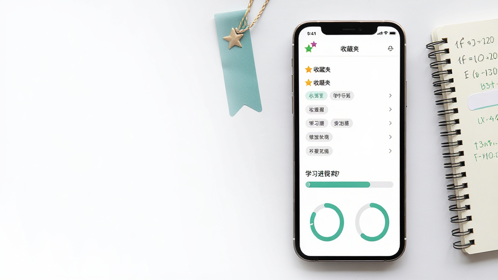 一张展示收藏夹与学习记录界面的示意图,画面为手机屏幕内显示收藏列表与学习进度条,屏幕旁有书签与笔记本点缀,布局为手机居中偏右、左侧留白,风格为清新学习风,细节包括收藏星标、分类标签与进度环,画质高清、干净、无多余元素