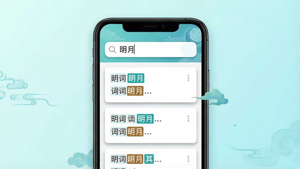 一张表现智能检索功能的界面示意图,画面主体为手机屏幕,屏幕中显示搜索框内输入“明月”二字,下方列出多条诗词检索结果并带有高亮关键词,布局为手机居中、背景为淡青色渐变,风格为扁平化科技感与中国风结合,细节包括搜索图标、结果卡片阴影与关键词高亮色块,画质清晰、干净、无多余元素