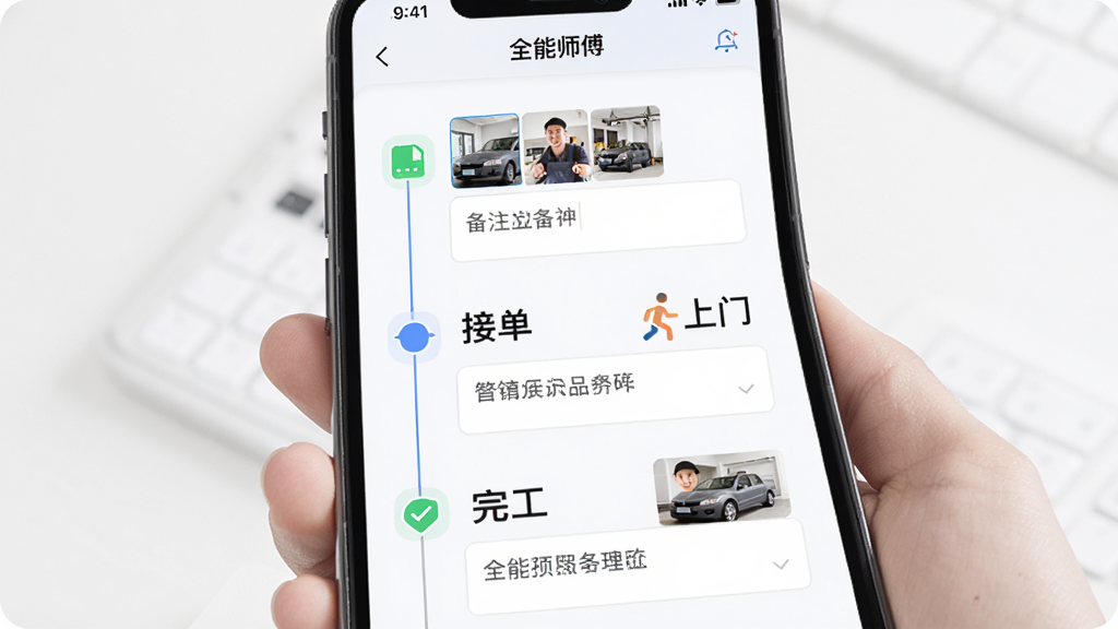 ��������Ϊ��ȫ��ʦ����Ӧ���еķ������̼�¼���棬����Ϊ�ֻ���Ļչʾʱ����ʽ�ķ���ڵ㣬�Ű��ϴ��ϵ�������Ϊ�ӵ������š��깤�������貢����״̬ͼ�꣬���Ϊ��Լ����磬ϸ����ÿ���ڵ�������Ƭ����ͼ�뱸ע����򣬻��ʸ��塢�ɾ����޶���Ԫ��