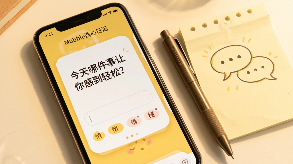 �ֻ���Ļ��ʾMubbleϴ���ռǵ�ÿ��һ�ʽ��棬��Ƭ��д�С������ļ�������е����ɣ����·���������������ǩѡ��ֻ��Ա���һ֧�ʺ�һ�ű�ǩֽ����ǩֽ�ϻ��ŶԻ����ݡ���������ů������ɫ��ƫů�ƣ�ϸ�����������ʸɾ�����Ļ������Ϊ��Mubbleϴ���ռǡ���