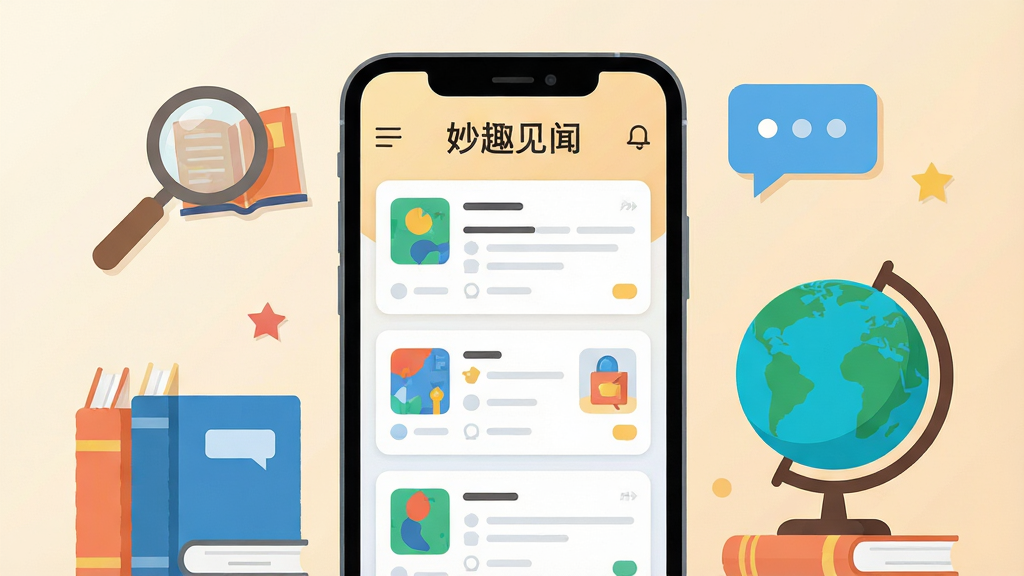 画面中央放置一部智能手机,屏幕显示妙趣见闻应用主界面,信息流卡片整齐排列,周围环绕着书籍、放大镜、地球仪和气泡对话框等趣味元素,整体采用扁平化插画风格,色彩清新明亮,背景为浅米色渐变,布局均衡,细节丰富,画质清晰干净,无多余装饰,图片中文字为“妙趣见闻”