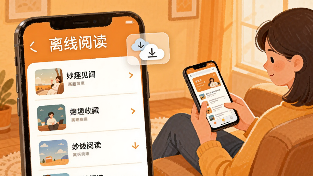 手机屏幕展示妙趣见闻的离线收藏列表,旁边有云朵和下载箭头的图标,背景为暖橙色,画面中一个人坐在沙发上用手机阅读,风格温馨插画,细节清晰,图片中文字为“离线阅读”