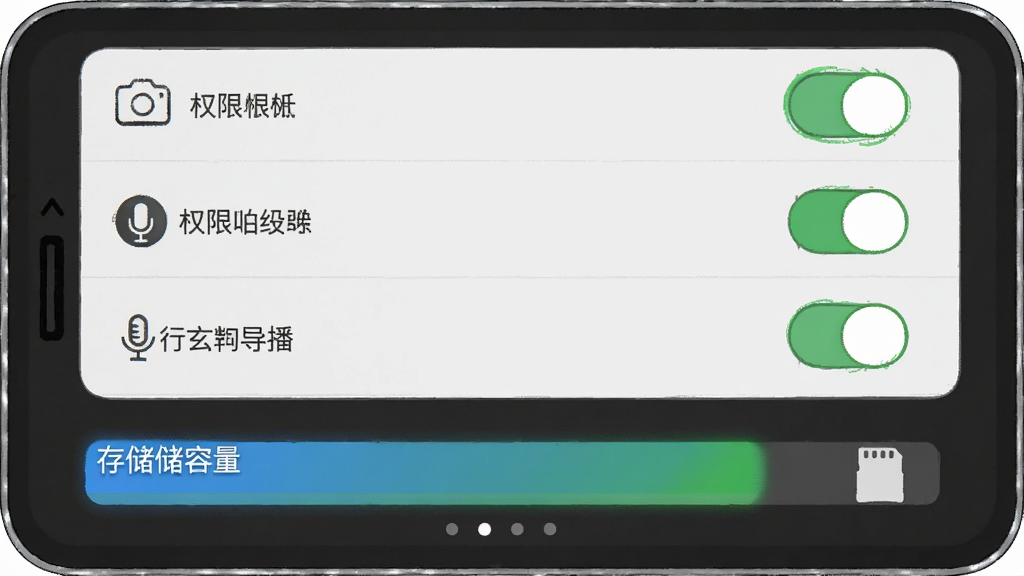 手机运行玄杓导播时的权限设置界面与存储空间提示,布局为上下结构,上方权限开关列表下方存储容量条,风格为简洁设置页示意插画,细节包含相机图标、麦克风图标、存储卡图标,画质清晰,干净,无多余元素