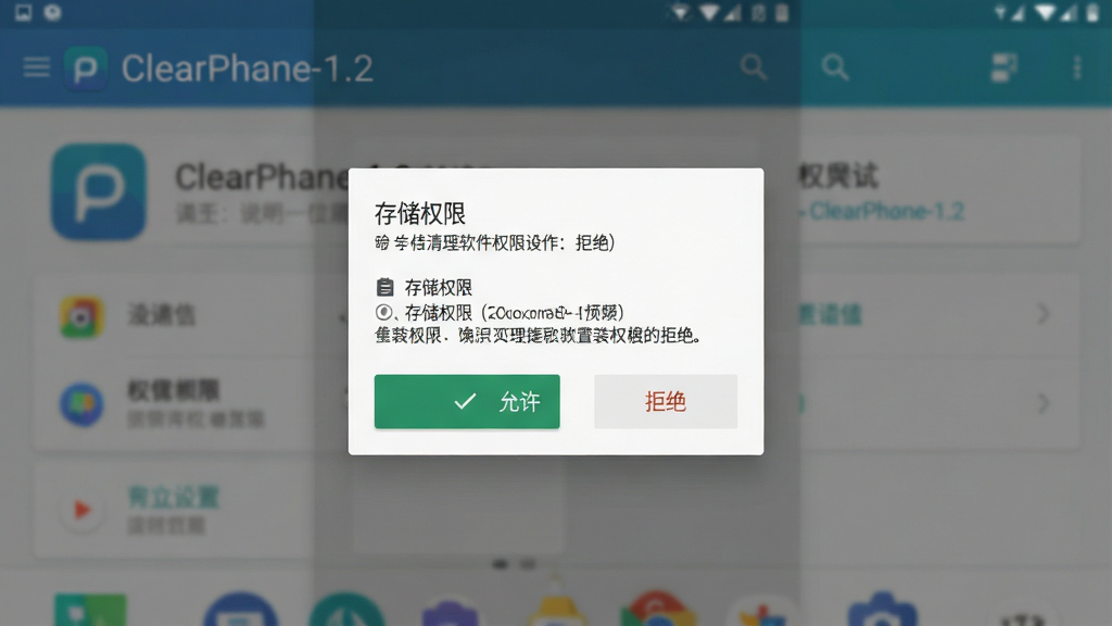 一张展示手机清理软件权限设置与安装引导界面的图片,主体为安卓手机屏幕上的权限授权弹窗,布局为弹窗居中、背景为模糊的ClearPhone-1.2主界面,排版突出权限列表与允许按钮,风格为系统原生扁平化设计,细节包括“存储权限”“允许”“拒绝”按钮、权限说明文字和软件图标,画质高清、画面干净、无多余元素