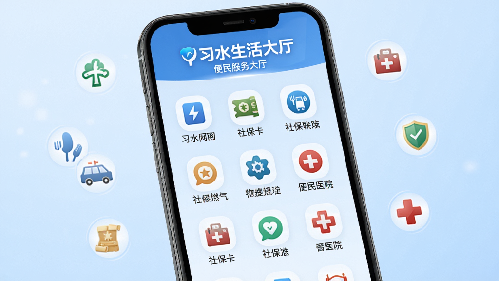 手机屏幕展示习水生活网便民服务大厅界面,图标整齐排列,背景为淡蓝色渐变,周围点缀水电燃气、社保卡、医院十字等小图标,风格简洁商务,布局规整,画质高清,干净无多余元素