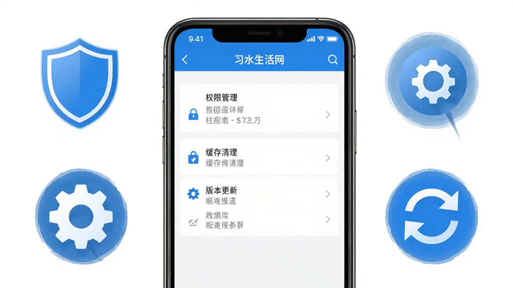 手机屏幕展示习水生活网设置界面,包含权限管理、缓存清理、版本更新等选项,周围环绕盾牌图标、齿轮图标、刷新箭头等元素,布局简洁明了,风格安全可靠,画质高清干净