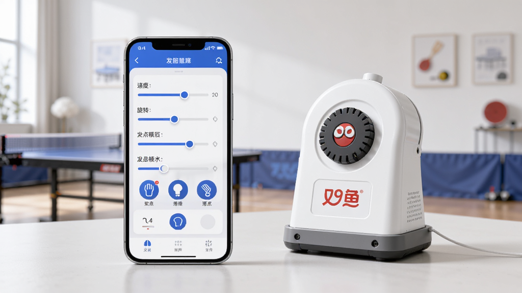 画面中央展示一部智能手机,手机屏幕上显示乒乓球发球机控制App界面,界面中包含速度、旋转、落点等调节滑块和发球模式图标,手机旁边放置一台白色双鱼智能发球机设备,背景为简洁的室内乒乓球训练场景,光线明亮柔和,整体风格清爽现代,画质细腻干净,无多余元素