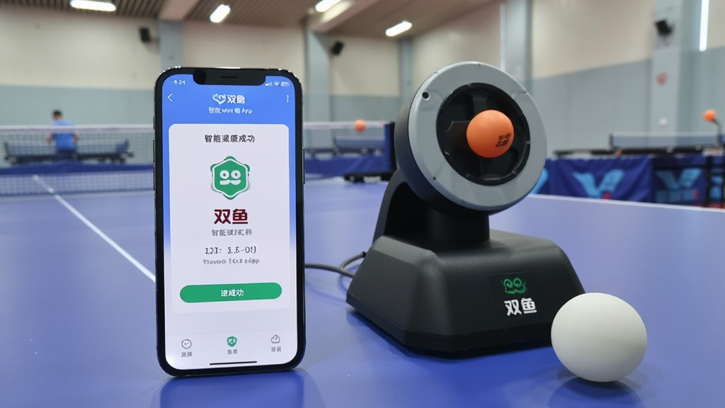 一部手机放置在乒乓球台旁,屏幕显示双鱼智能发球机App的连接成功界面,旁边有发球机设备和乒乓球,背景为室内训练场地,画面风格写实明亮,突出手机与设备的配合使用场景,画质清晰干净