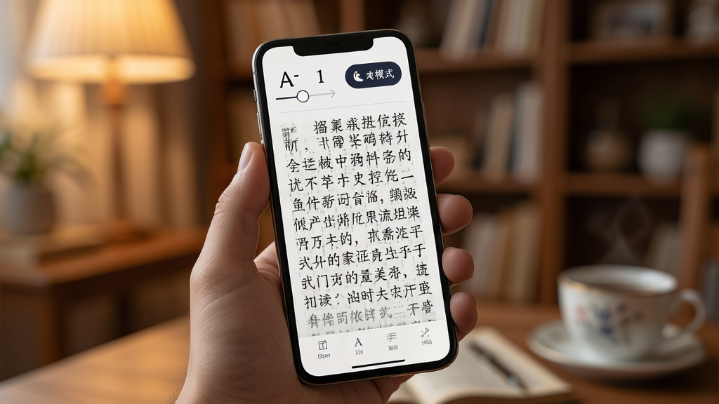 一幅展示清史数据库移动阅读体验的图片,画面中一只手握持手机,屏幕显示一篇清代文献正文,文字排版整齐,顶部有字号调节与夜间模式按钮,背景为温馨的室内阅读环境虚化处理,风格生活化,画质清晰,细节丰富,无多余干扰