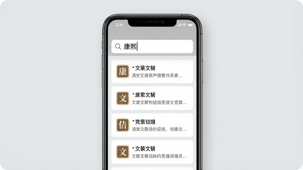 一张表现清史数据库搜索功能的场景图,画面中心为手机屏幕,搜索框内显示“康熙”关键词,下方列出多条搜索结果条目,每条结果配有文献类型图标,背景为浅灰色调,风格现代简约,文字清晰可辨,画质干净,构图规整