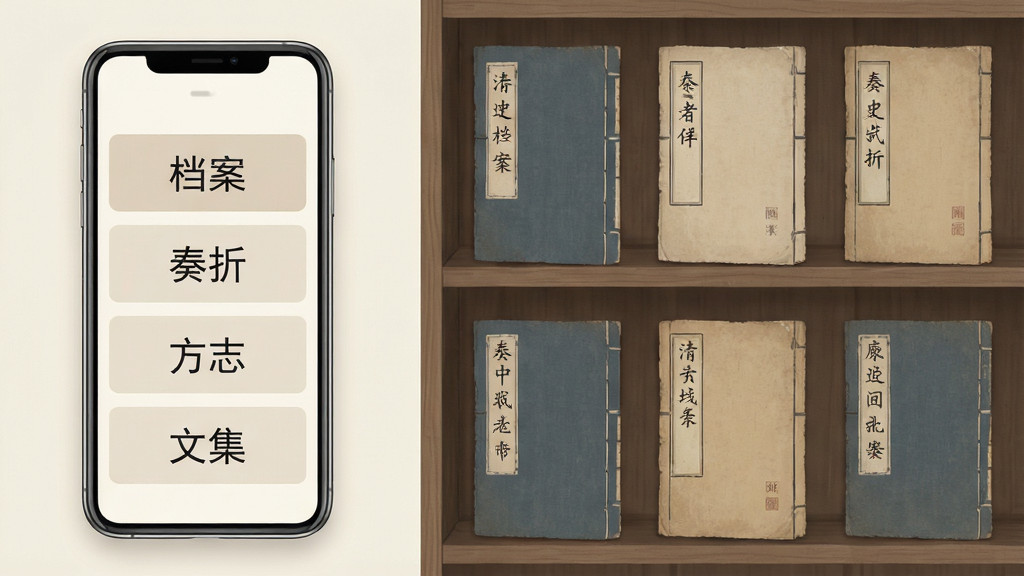 一幅展现清史数据库文献分类功能的示意图,画面左侧为手机界面,屏幕内显示“档案”“奏折”“方志”“文集”等分类标签整齐排列,右侧以书架形式呈现各类古籍封面,整体色调柔和,风格素雅,画质细腻,布局平衡,无杂乱元素