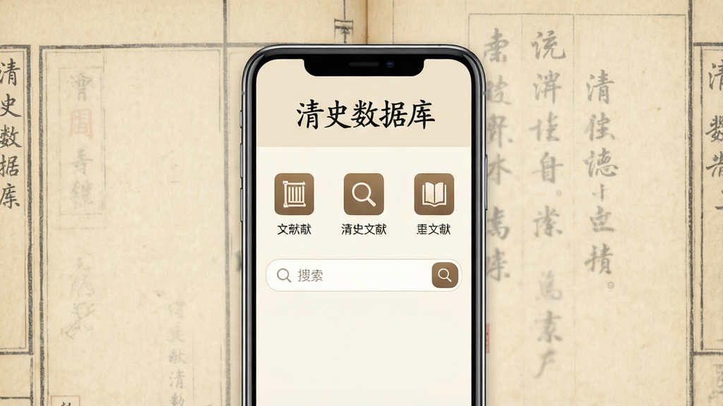 一张展示清史数据库手机应用界面的概念图,画面中央是一部智能手机,屏幕显示软件首页,顶部有“清史数据库”字样,下方排列着文献分类图标与搜索框,背景为淡雅的古籍书页纹理,整体风格古朴简洁,画质清晰,构图干净,无多余装饰元素