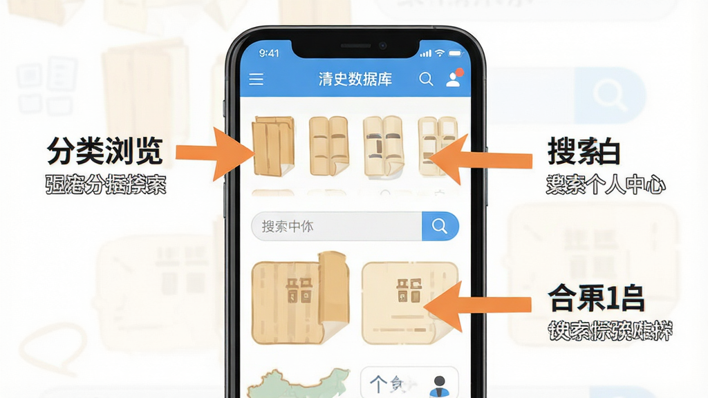 一张清史数据库新手操作引导示意图,画面为手机屏幕特写,屏幕显示软件首页并配有箭头标注“分类浏览”“搜索框”“个人中心”三个区域,每个标注旁有简短文字说明,风格扁平化教学图示,色彩明快,布局清晰,画质干净,无冗余装饰