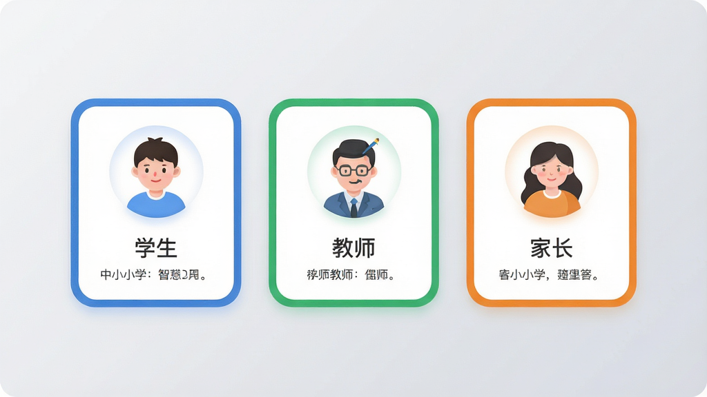 智慧中小学HD多角色切换界面,主体为三张并排的身份卡片,分别标注“学生”“教师”“家长”,卡片采用圆角设计,配色分别为蓝色、绿色与橙色,背景为浅灰色渐变,排版居中对称,风格简约现代,细节包含身份图标与简短说明文字,画质清晰,干净无多余元素