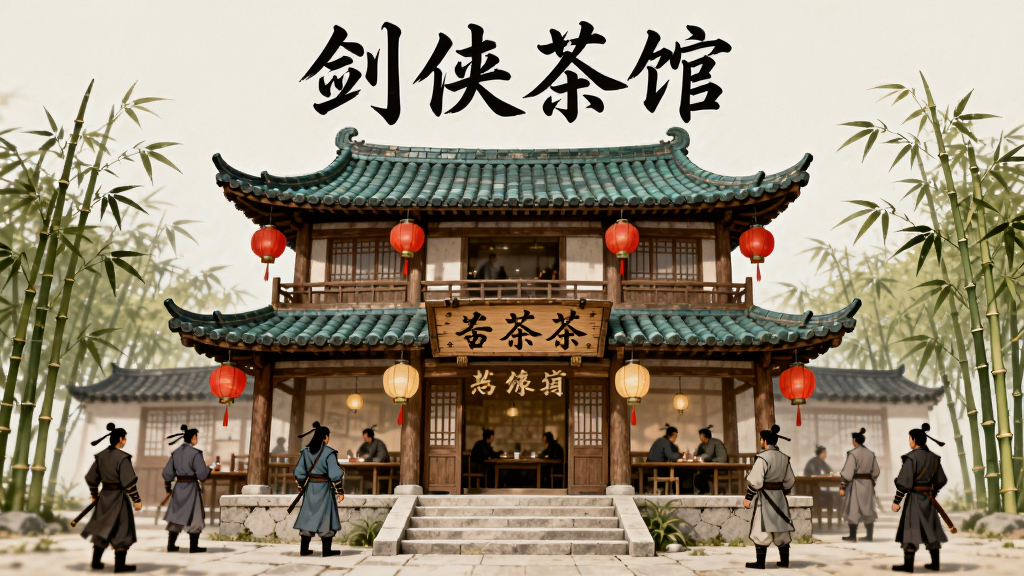 画面主体为一座两层古风茶馆建筑外观,布局为茶馆居中、门前有石阶与灯笼、两侧有竹林点缀,排版采用横向构图上方留白处书写“剑侠茶馆”四字,风格为工笔国风插画,细节包含木质招牌、红灯笼、青瓦屋檐、往来侠客身影,画质细腻干净无杂乱元素