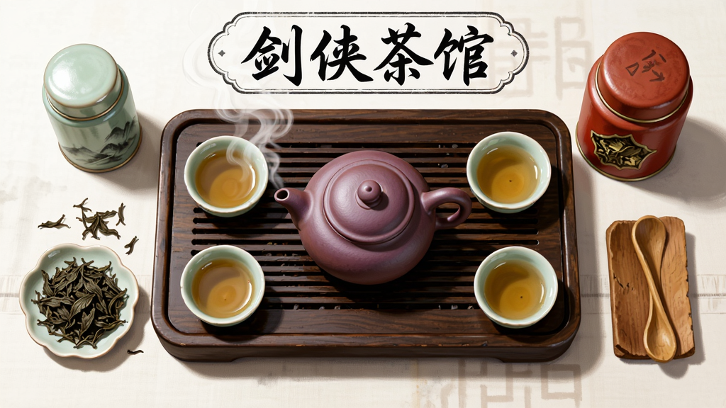 画面主体为一套完整的中式茶席,布局为茶壶居中、四周环绕茶杯与茶叶罐,排版采用俯视视角上方标注“剑侠茶馆”文字,风格为写实国风插画,细节包含紫砂壶、青瓷杯、散落茶叶、木质茶盘、热气升腾效果,画质高清干净无多余装饰