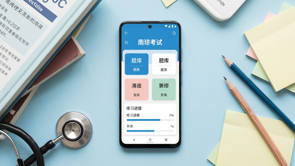 画面中央放置一部竖屏安卓手机,手机屏幕内显示“南琼考试”应用首页,界面包含题库分类卡片与练习进度条,手机左侧摆放几本医学教材与一副听诊器,右侧散落铅笔和便签纸,整体采用俯视平铺构图,浅蓝与白色为主色调,风格清爽简约,细节上突出手机屏幕内容与学习场景的关联,画质清晰干净,无多余装饰元素