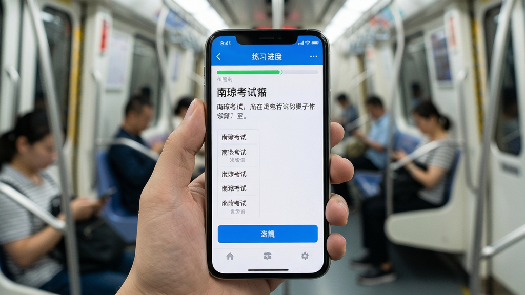 画面展示一只手握持手机,手机屏幕内为“南琼考试”答题界面,题目文字与选项按钮清晰可见,屏幕上方显示练习进度条,背景为地铁车厢虚化场景,构图采用第一人称视角,风格生活化写实,细节上突出手机界面与通勤环境的结合,画质明亮干净,无多余人物元素