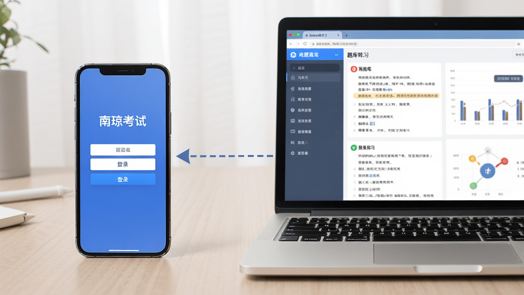 画面为一部手机与一台笔记本电脑并排摆放,手机屏幕显示“南琼考试”登录页,电脑屏幕显示题库练习界面,两者之间用虚线箭头连接表示账号互通,背景为浅色书桌桌面,构图采用左右并列布局,风格简洁办公感,细节上突出移动端与电脑端的同步关系,画质清晰干净,无多余杂物