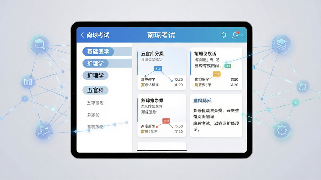 画面主体为一部横放的平板电脑,屏幕中展示“南琼考试”题库分类列表,左侧列出基础医学、护理学、五官科等学科标签,右侧显示题目卡片与解析区域,平板周围环绕半透明的知识节点连线图形,背景为浅灰渐变,构图采用居中对称布局,风格偏科技教育感,细节上强调分类层级与题目解析的视觉关系,画质干净清晰,无杂乱元素