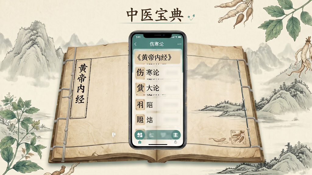 中医宝典软件主界面展示,画面中央是一本摊开的古籍线装书,书页上浮现出半透明的手机屏幕界面,界面中整齐排列着《黄帝内经》《伤寒论》等书名列表,背景为淡雅的水墨山水与草药图案,整体色调以米黄与青绿为主,风格古朴清新,细节处可见书页纹理与UI图标,画质清晰,干净无多余元素