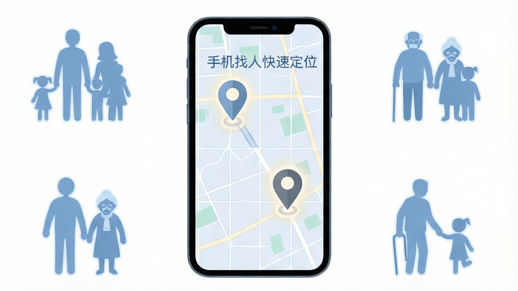 画面主体是一部智能手机屏幕,屏幕上显示简洁的地图界面与两个定位标记点,周围环绕家庭、朋友、老人、儿童等人物剪影图标,布局为手机居中、图标环绕四周,排版采用上下分层结构,风格为扁平化科技插画风,细节上地图网格清晰、标记点带有柔和光晕、人物剪影用淡蓝色调,画质高清、画面干净、无多余元素,图中文字标注“手机找人快速定位”